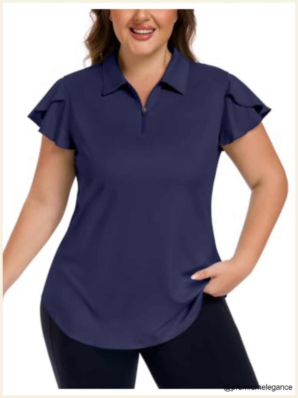 Plus Size Ruffle Sleeve Golf Polo Shirt Loose Fit 1/4 Zip V-Neck UPF 50+